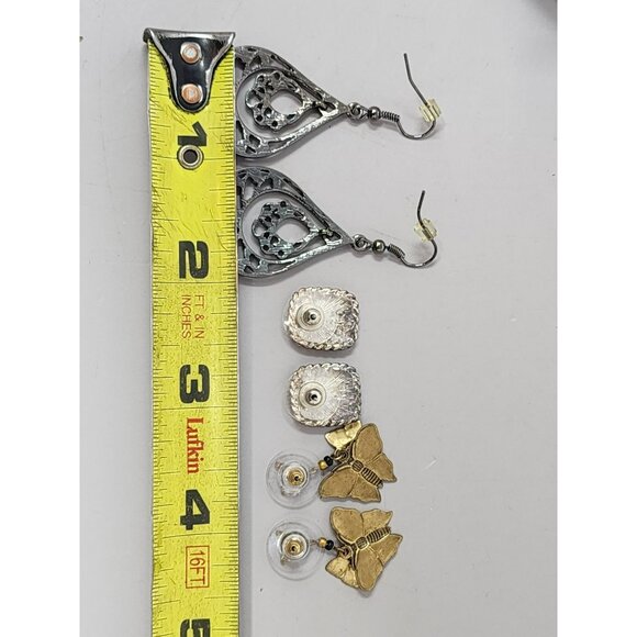 Set Of 3 Pairs Of Earrings: Silver Tone Teardrop Green Stud Gold Butterfly Desig - Picture 6 of 6